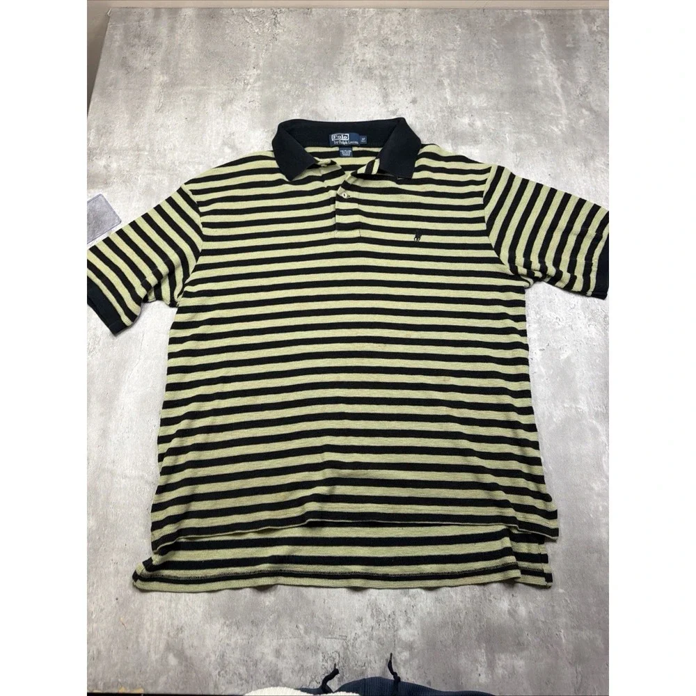 Ralph Lauren Polo Shirt Mens Size LT Black Striped Waffle Knit Pony Short Sleeve